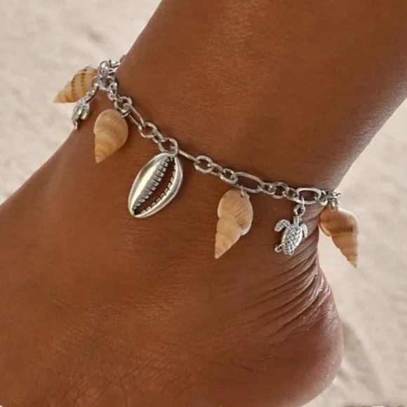 ⚡ 925 Silver Plated Turtle Starfish Sea Shell Conch Anklet, MARR9326 - Picture 6 of 6